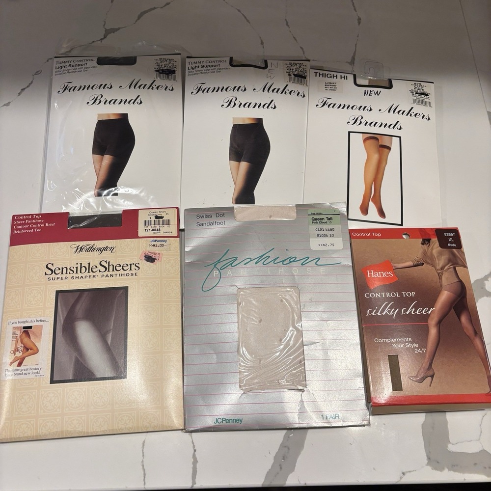 NOS Vintage Pantyhose Lot Of 6 Queen Size/XL Sheer, Sandalfoot, Thigh High *READ